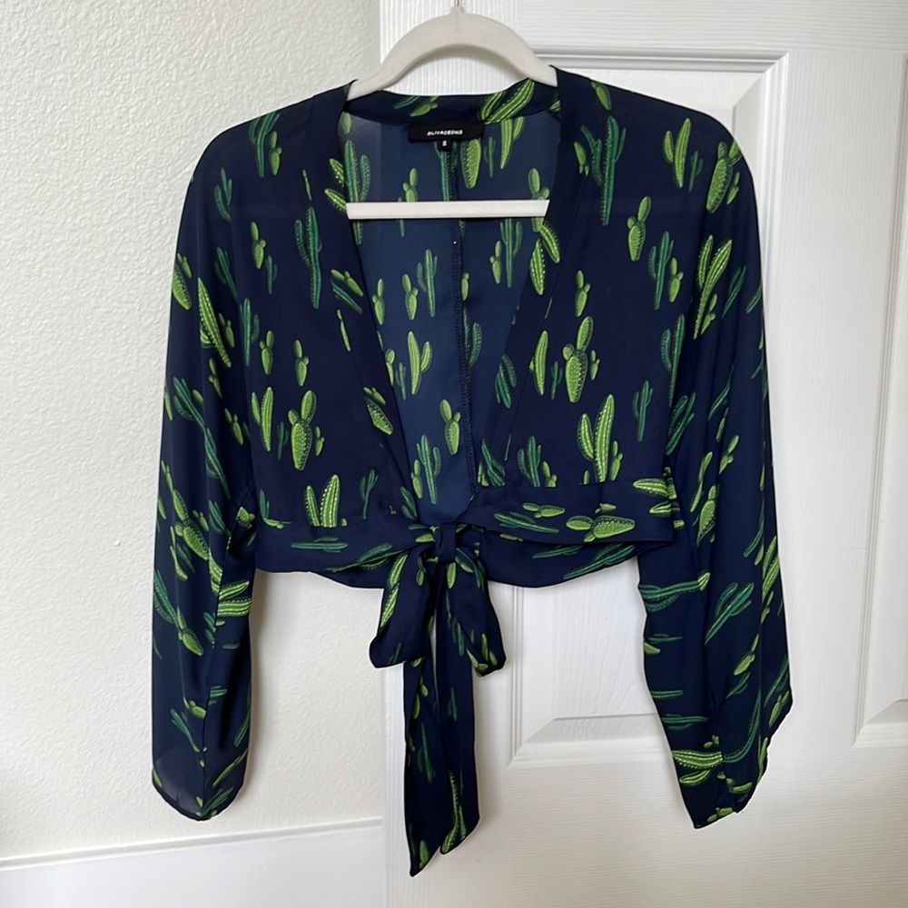 Olivaceous Navy Crop Tie-Front Top with Green Cactus Print